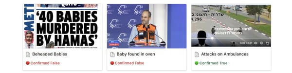 "Beheaded babies: confirmed false", "Baby found in oven: confirmed false", "Attacks on ambulances: confirmed true"